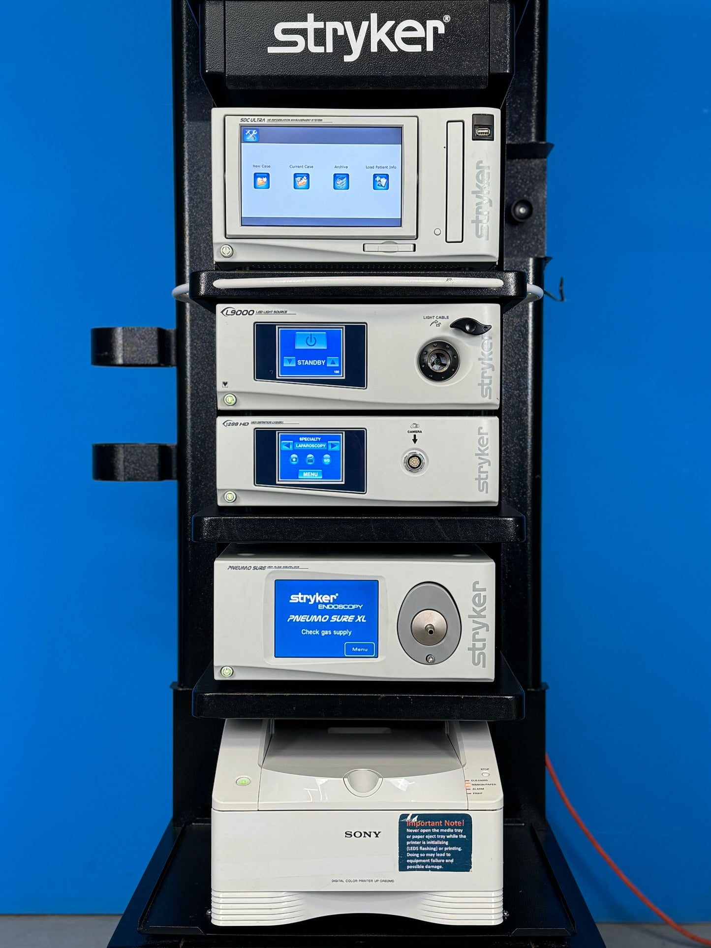patient profile was created and images were successfully saved in SDC3 HD. L9000 light source lamp provides good brightness, Camera Console and Camera Head is in excellent conditions. PNEUMO SURE insufflator was fully tested with CO2 gas. Printer is working and produces good images.