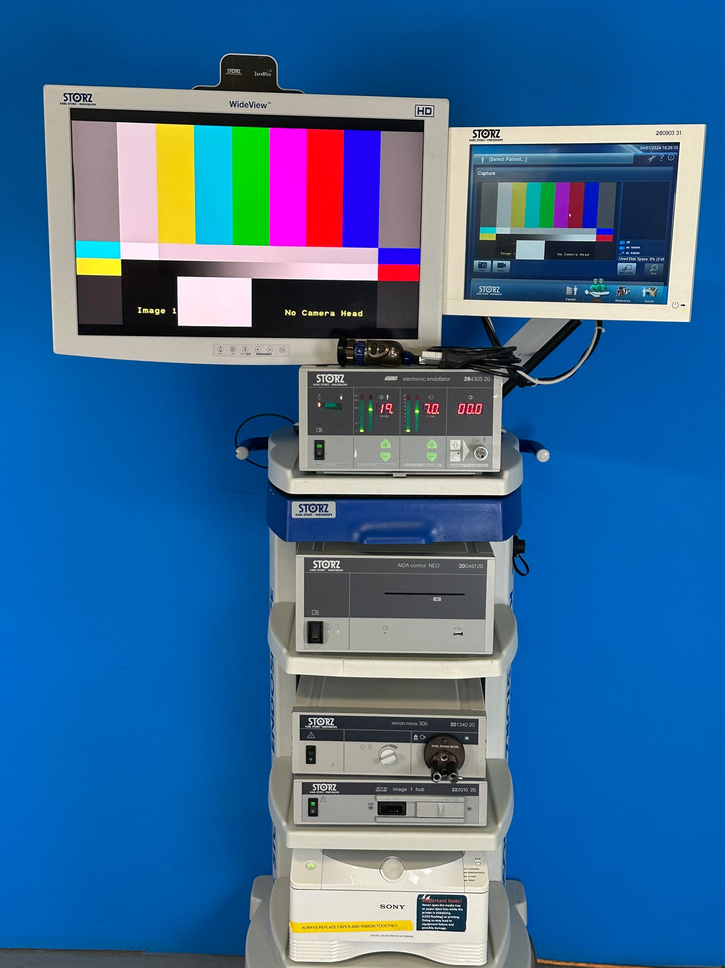 Karl Storz SCB Image 1 Hub HD 222010 20 with H3-z Camera head Laparoscopy Stack Tower Includes: Karl Storz SCB Image 1 Hub 222010 20 Processor Karl Storz H3-z Camera Head 222200 55 Karl Storz SCB Xenon 300 Light Source 201340 20 Karl Storz AIDA Control NEO Unit 200461 20 Karl Storz SCB Endoflator 264305 20 Karl Storz WideView HD Monitor Karl Storz 200903 31 Touch Screen Monitor Sony Printer