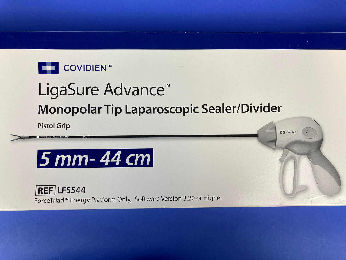 Covidien Ligasure Advance Monopolar tip laparoscopic sealer and divider 5mm 44cm is used for laparoscopic procedures.
