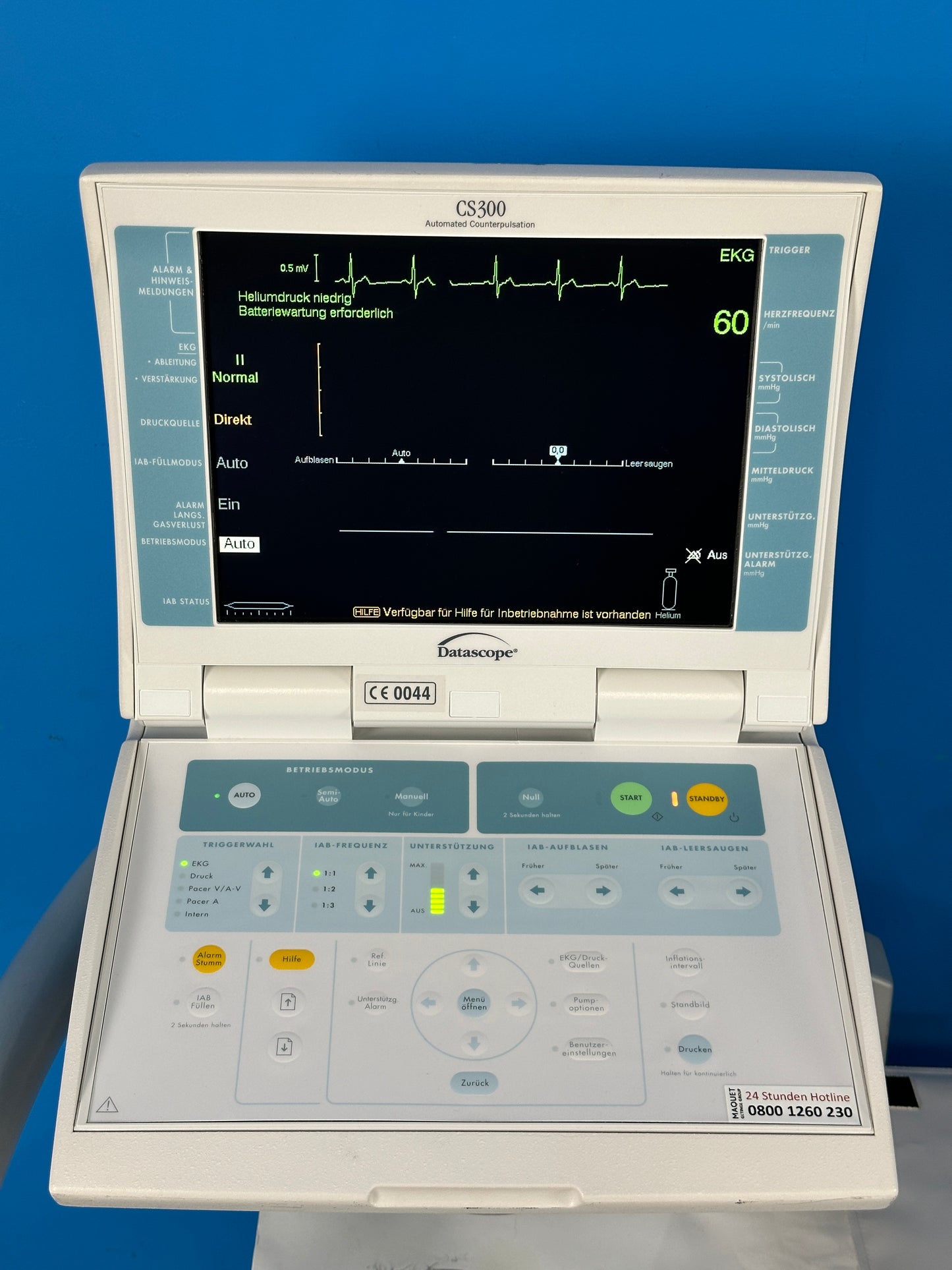 CS300 has true one-button start-up. Simply push one button to initiate therapy. CS300 provides comprehensive HELP SCREENS with easy to followstep-by-step instructions on set-up as well as alarm and advisory conditions , LCD display screen is in good working condition , good pressure and ECG graphic waveforms were displayed with parameter values corresponding to that set on the simulator.