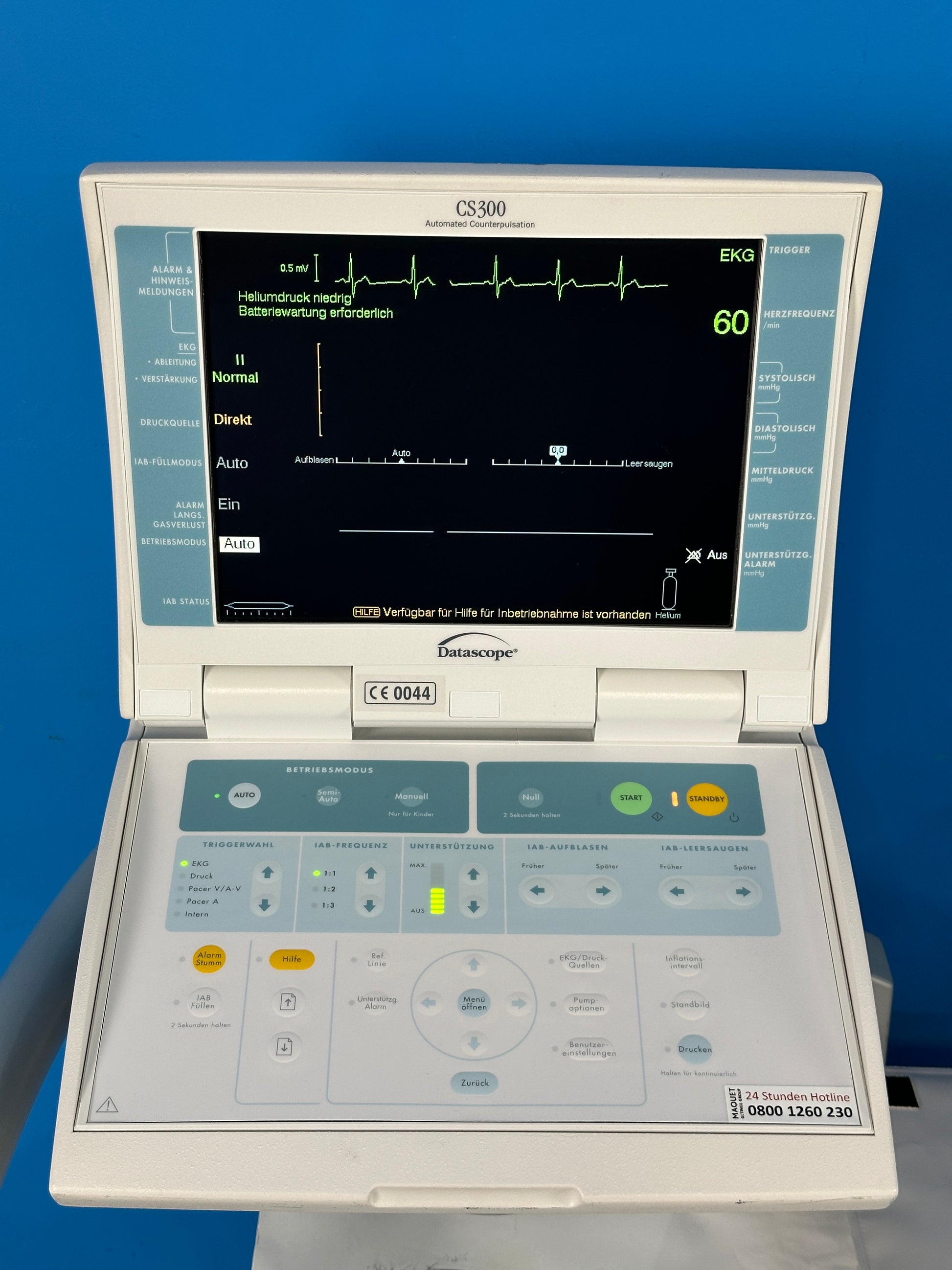 CS300 has true one-button start-up. Simply push one button to initiate therapy. CS300 provides comprehensive HELP SCREENS with easy to followstep-by-step instructions on set-up as well as alarm and advisory conditions , LCD display screen is in good working condition , good pressure and ECG graphic waveforms were displayed with parameter values corresponding to that set on the simulator.