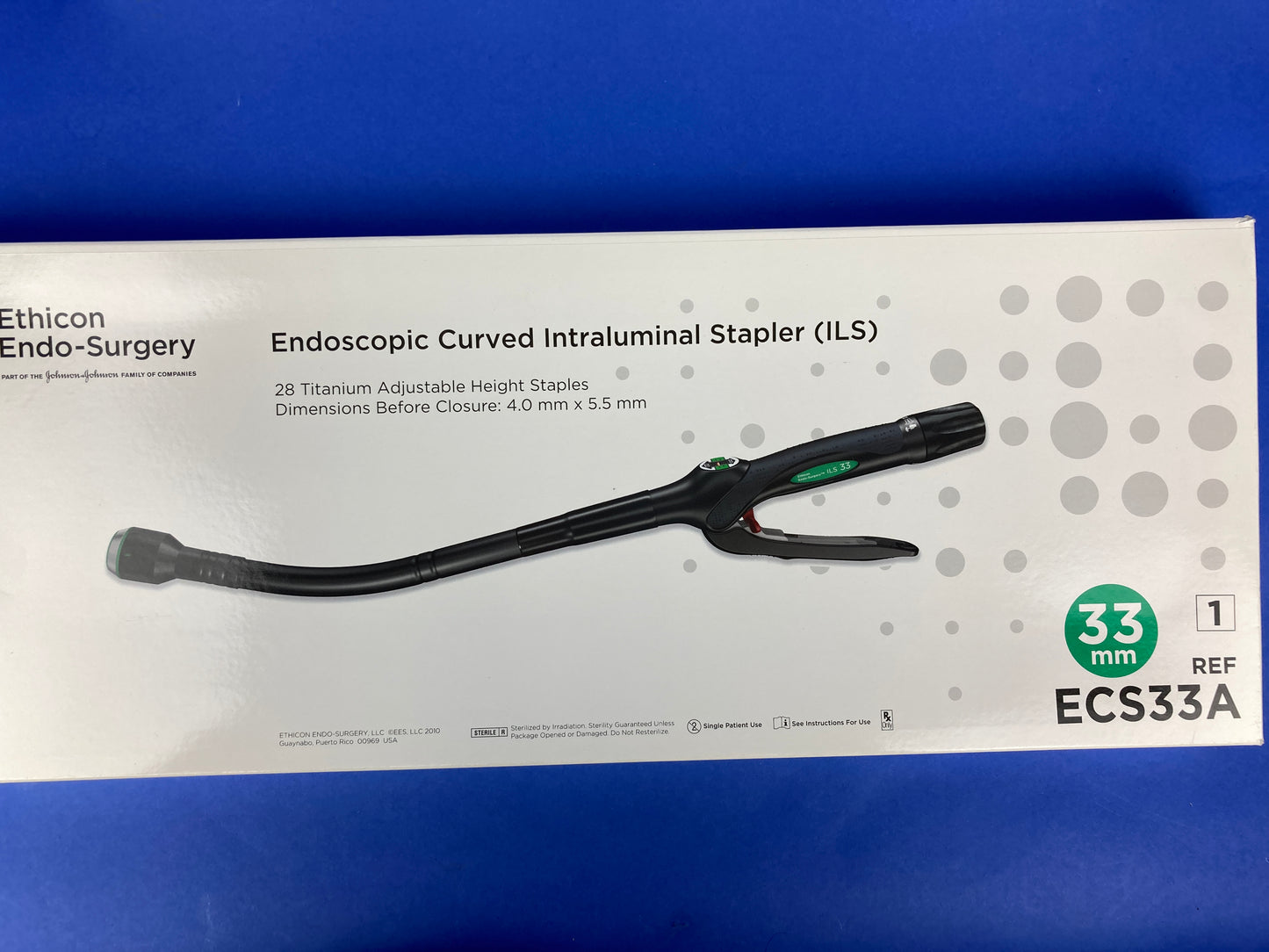 Ethicon ECS33A is loaded with 28 Titanium Adjustable height Staples Dimensions before Closure 4mm X 5.5mm