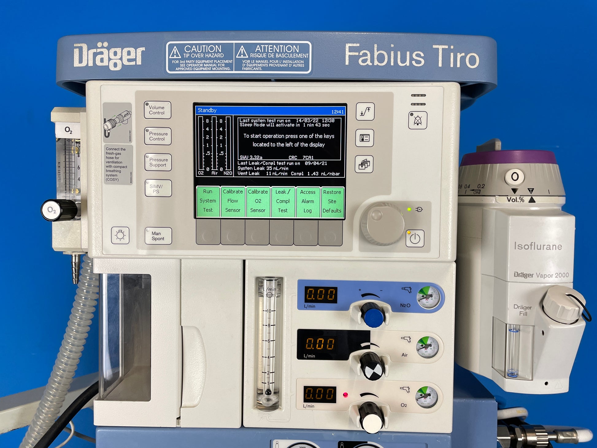 Fabius Tiro is in use, monitoring information is displayed on the Ventilator screen. Drager Vapor 2000 Isoflurane Vaporiser