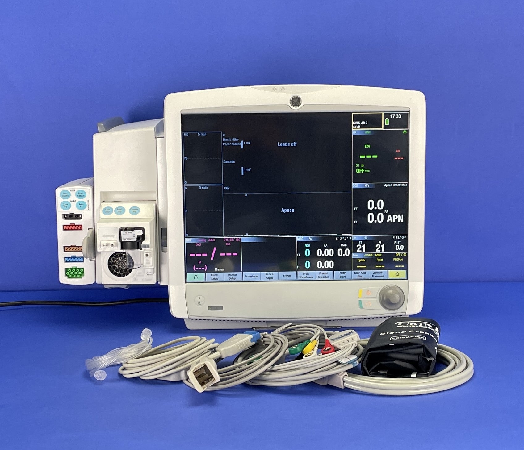 GE Carescape B650 Touch Screen Anesthesia Monitor with CO2 module and GE PSMP Module with ECG, NIBP, CO2 ports with cables