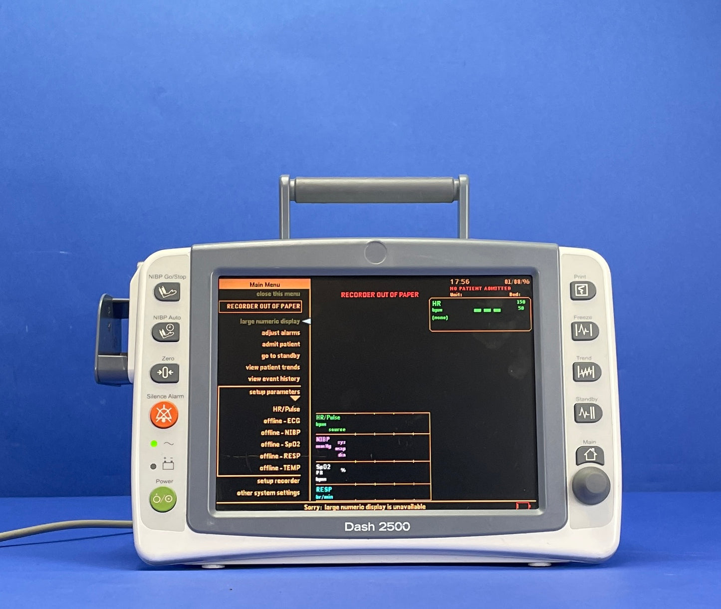 Dash 2500 can measure non-invasive blood pressure, heart/pulse rate, respiration rate, ECG, temperature, and SpO2.
