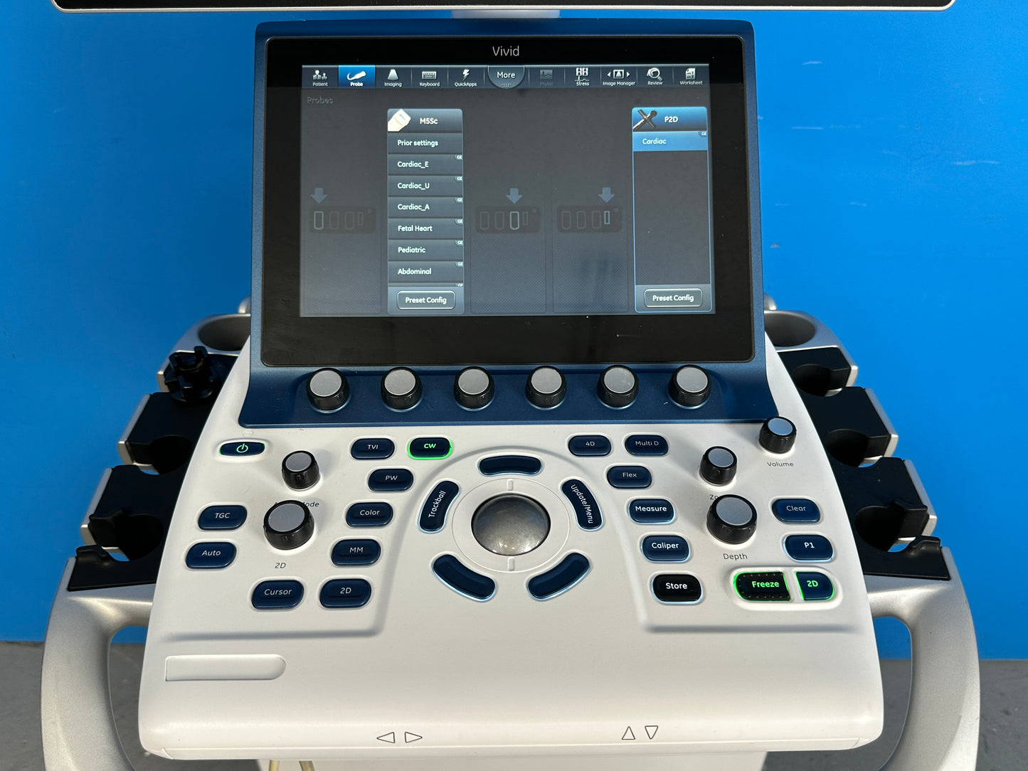 LCD monitor, user interface touch screen, control panel, gain controls and trackballs are in good working order. Mechanical height and swivel/horizontal adjustments of the control panel is fully functional. Patient registration and image storing options are in good working order.