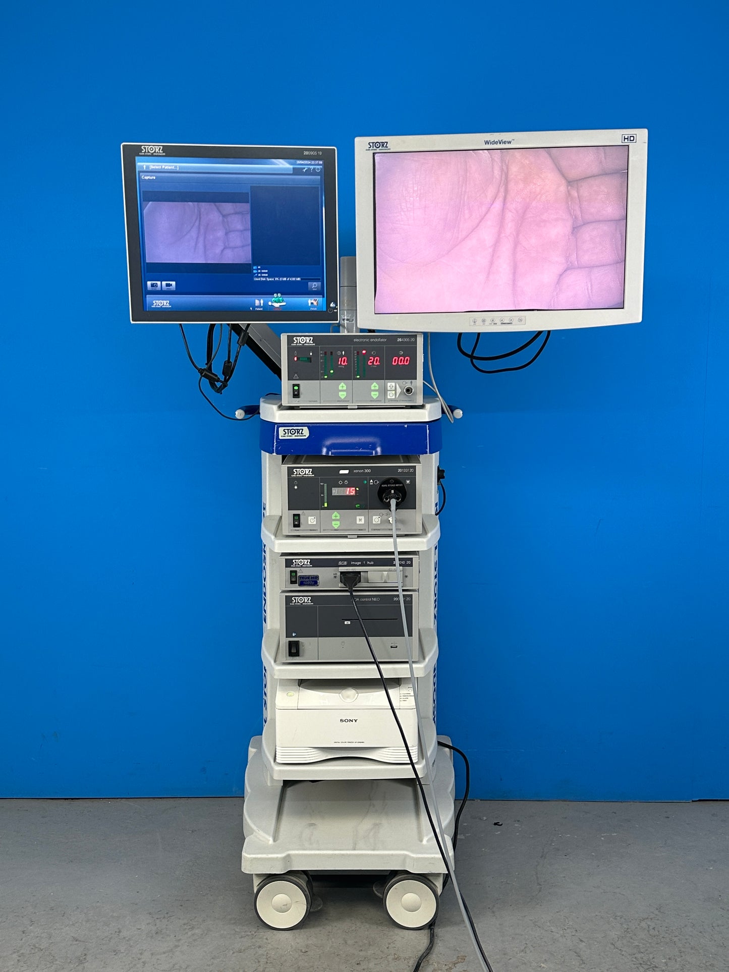 Karl Storz Image 1 Hub HD Dual Channel Laproscopy System with Spies TH100 camera head on cart shows Full HD image and used for Multiple surgical procedures.