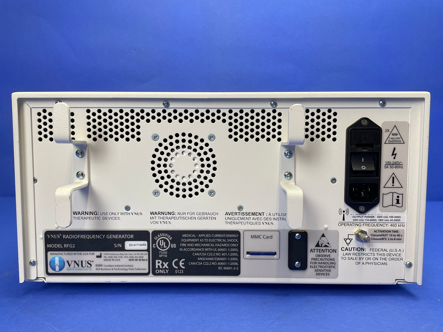 Covidien VNUS RFG2 is a radio frequency electrosurgical unit that delivers RF energy to the ClosureFAST™ catheter which enables fast and effective treatment.