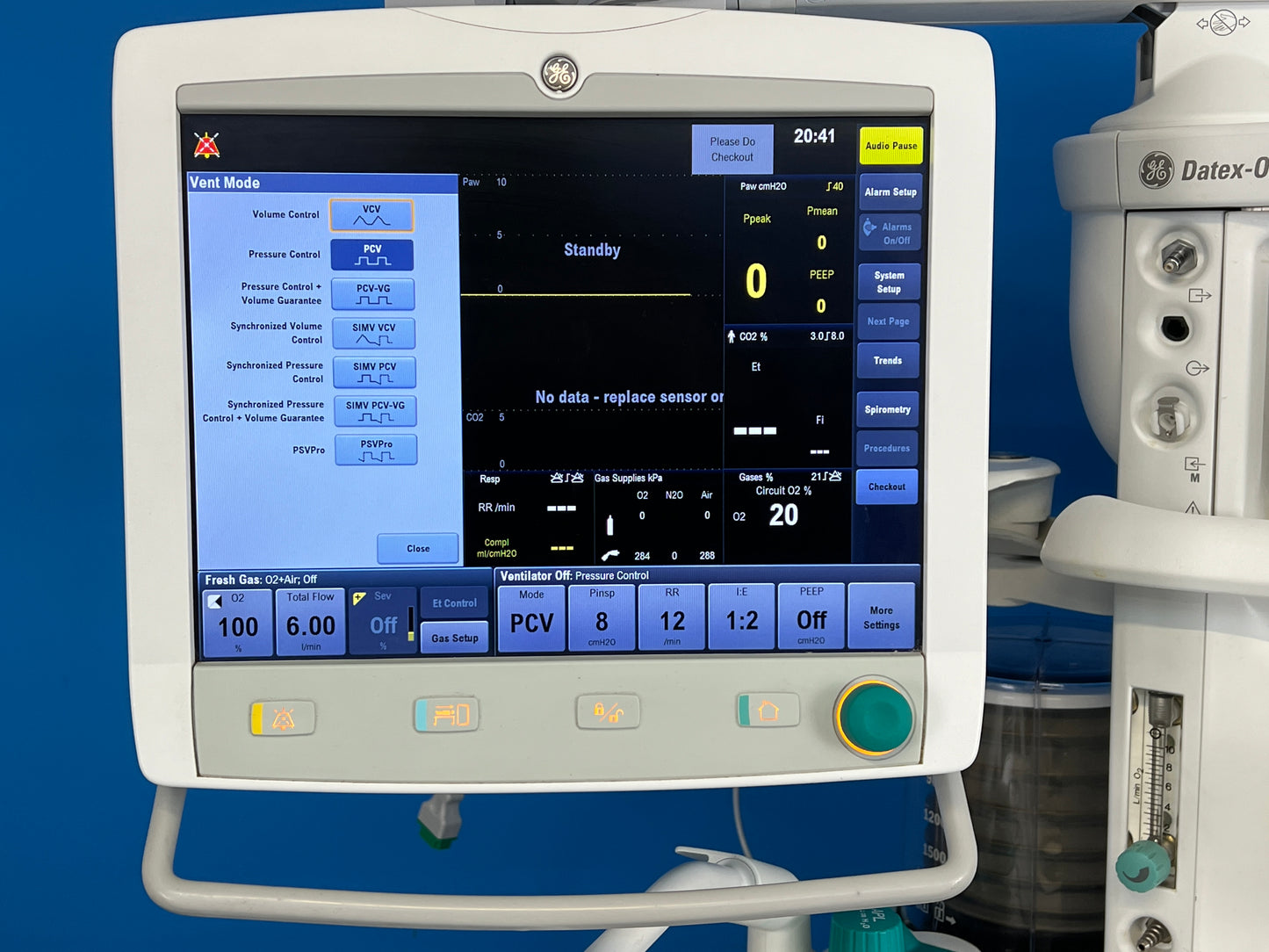 SmartVent ventilation technology offering Volume Control Ventilation with tidal volume compensation and electronic PEEP. The proven SmartVent technology also features optional Pressure Control Ventilation, Pressure Support Ventilation with an Apnea Backup (PSVPro) that is used for spontaneously breathing patients, It features a movable 15-inch touch ventilator display monitor with a Carescape-inspired experience.