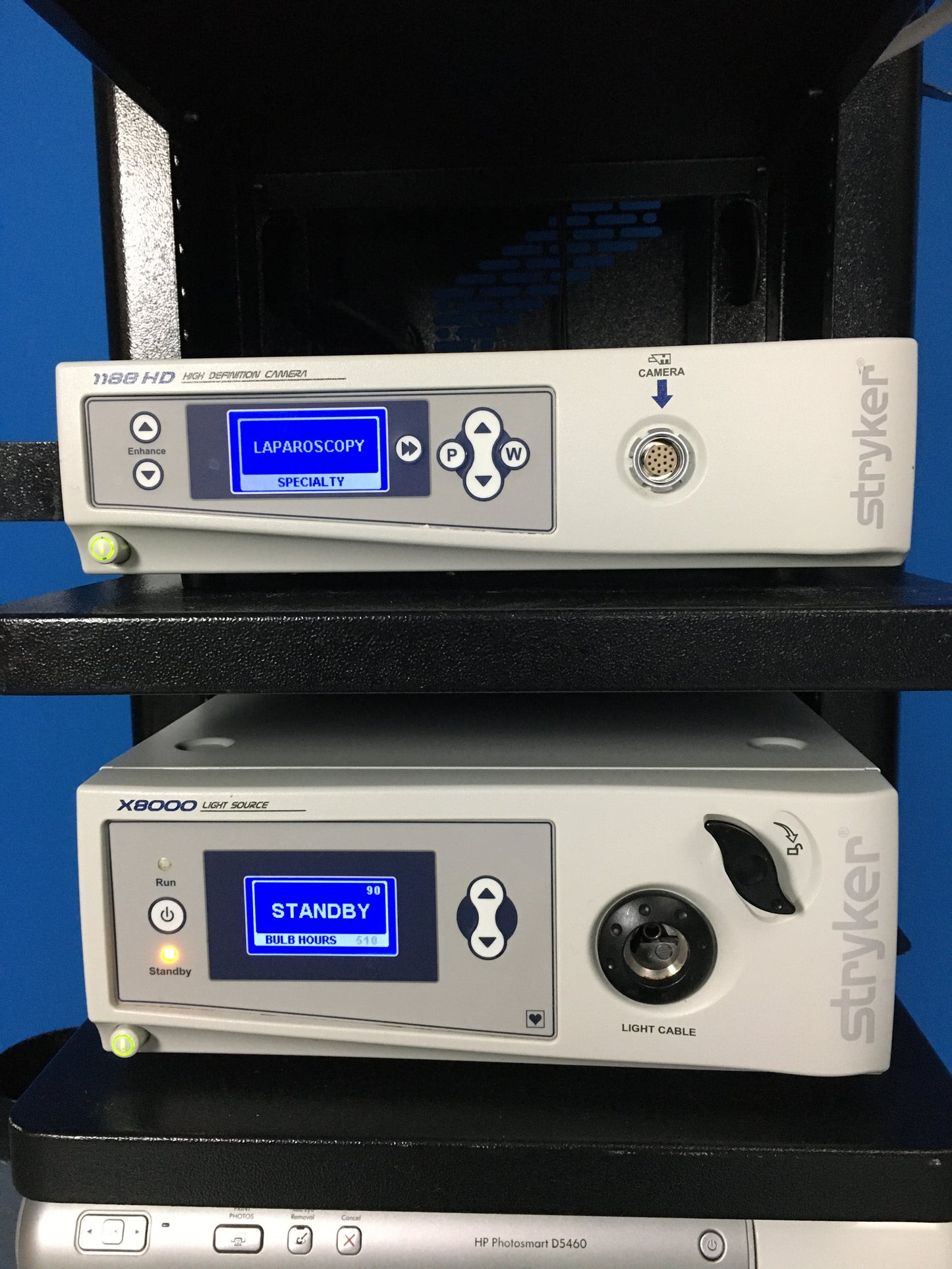 Video processor was tested with camera head connected and produced clear images with white balance setting, enhancement controls and zoom adjustment working. The light source powers up and the LED lamp and brightness control in good working condition.