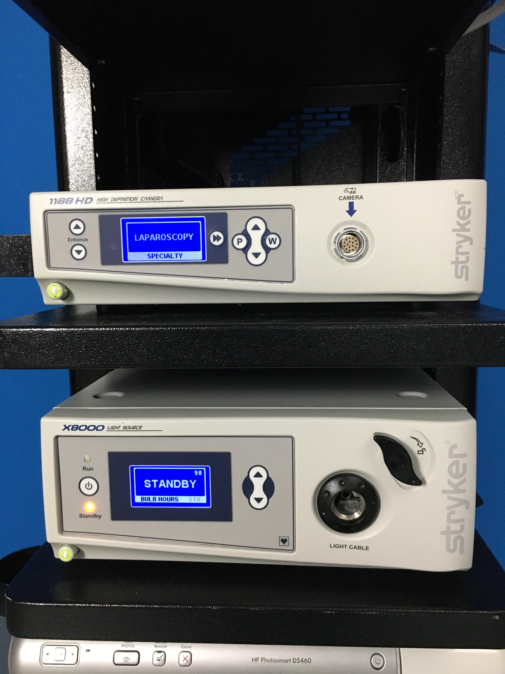 Video processor was tested with camera head connected and produced clear images with white balance setting, enhancement controls and zoom adjustment working. The light source powers up and the LED lamp and brightness control in good working condition.