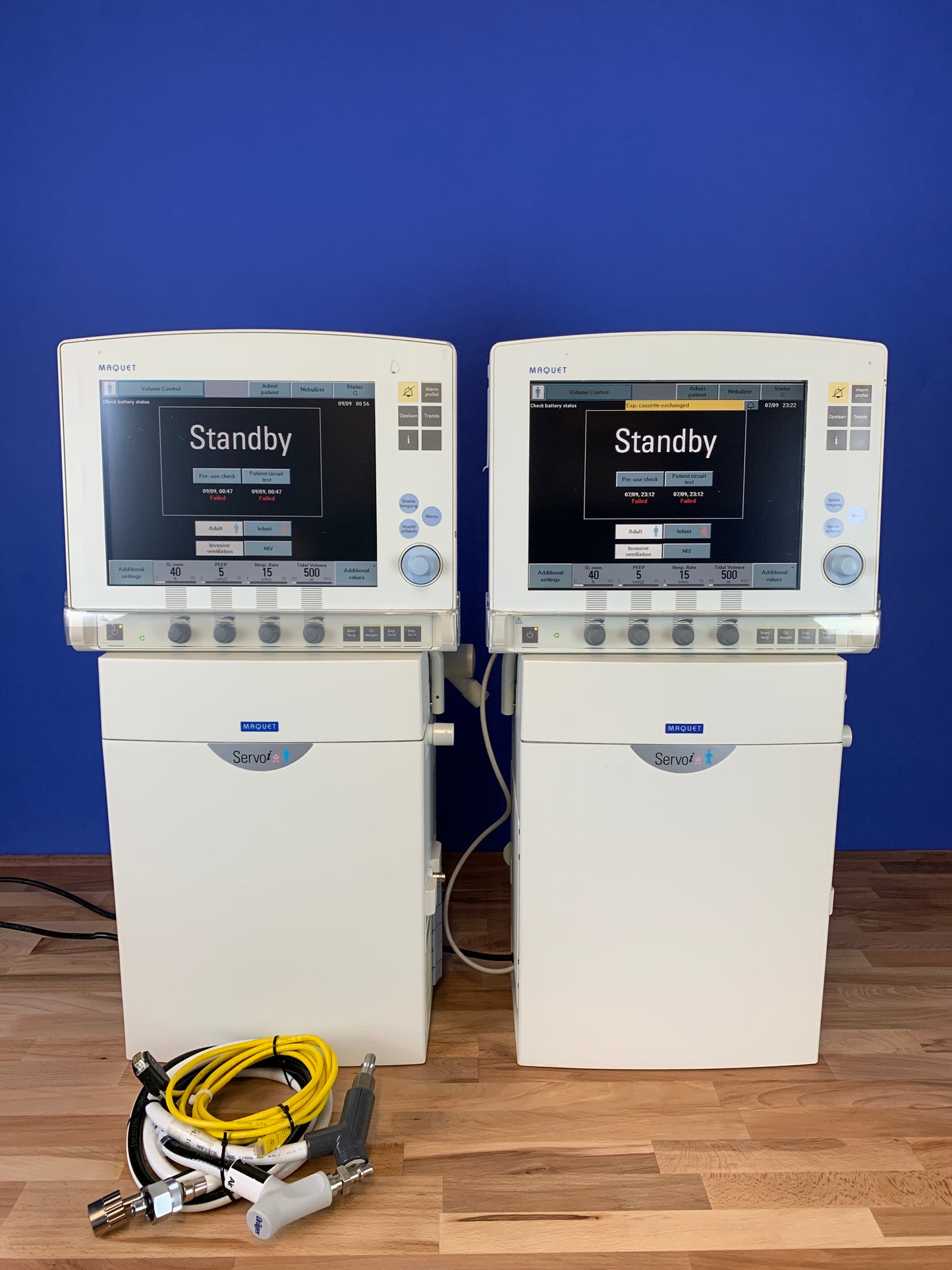 Two Maquet Servo I Ventilators standby mode with accessories