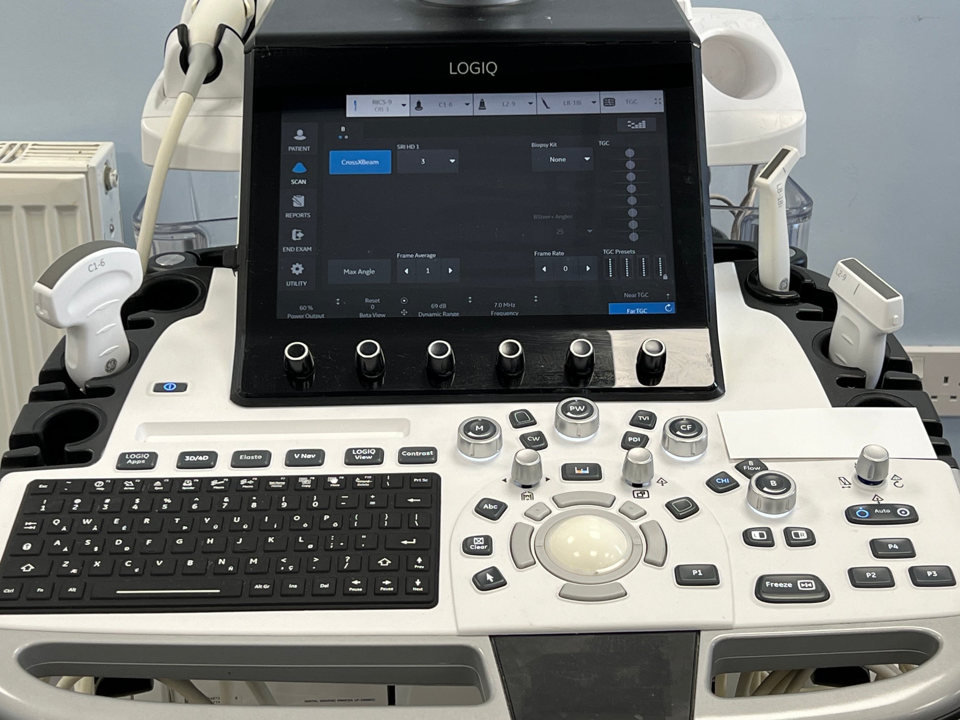 Logiq E 10 user interface features easy-to-reach controls, an adjustable floating keyboard, and an articulating monitor that is easily adjustable for viewing both on- and off-axis in the IR lab.