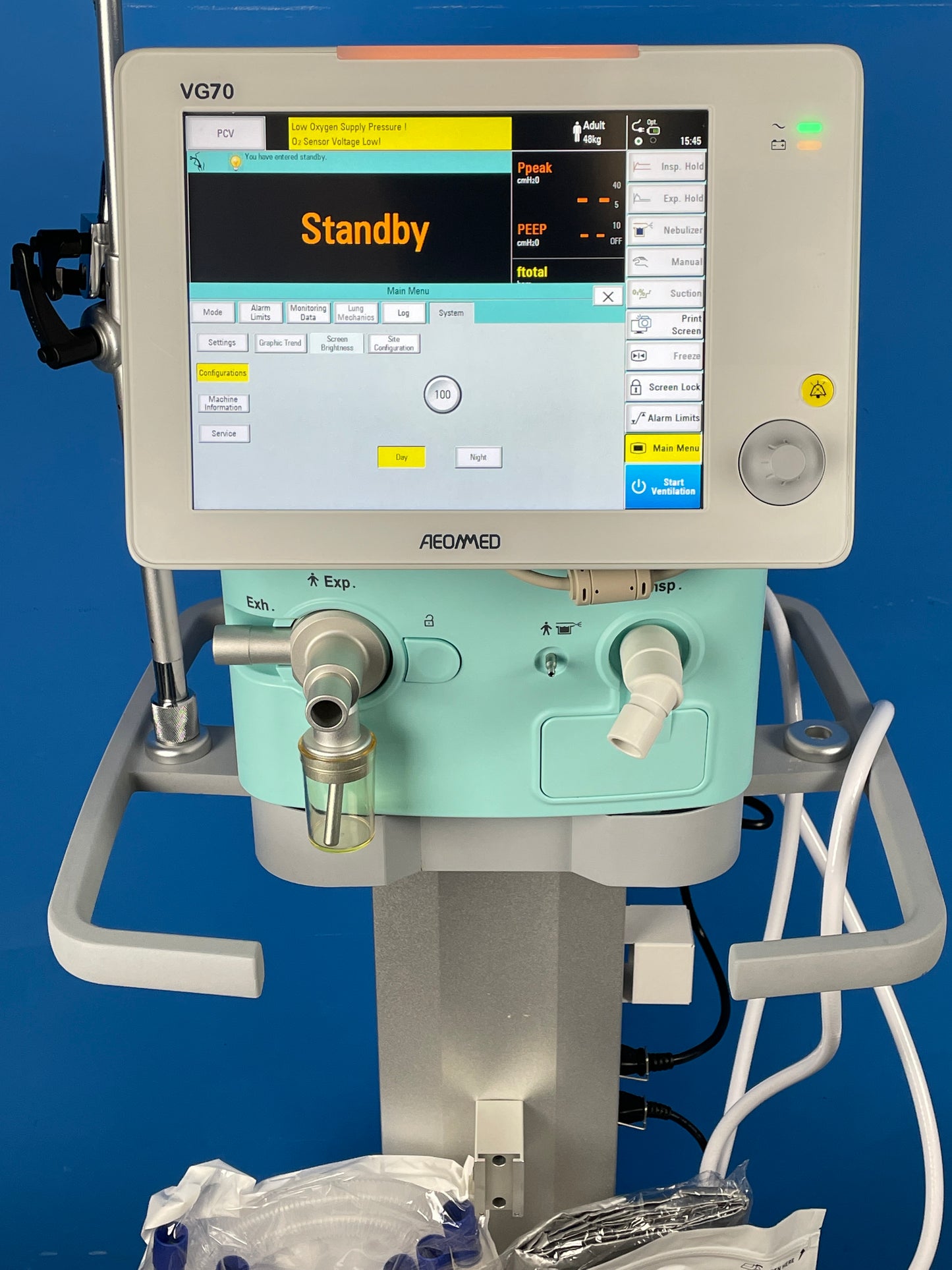 VG70 display screen ventilator with exhalation valve and inspiratory port