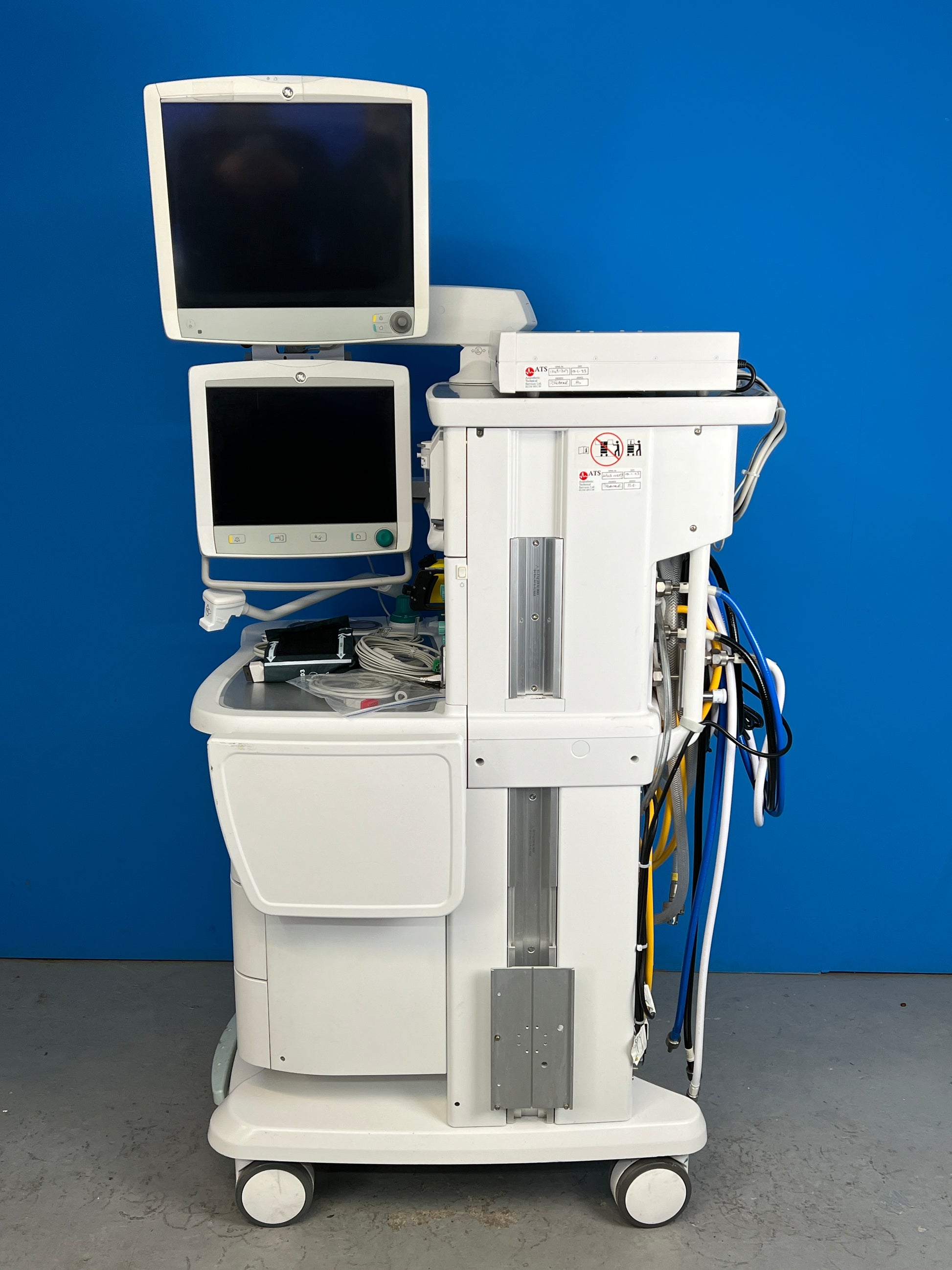 This anesthesia system is designed for mixing and delivering inhalation anesthetics, Air, O2, and N2O.