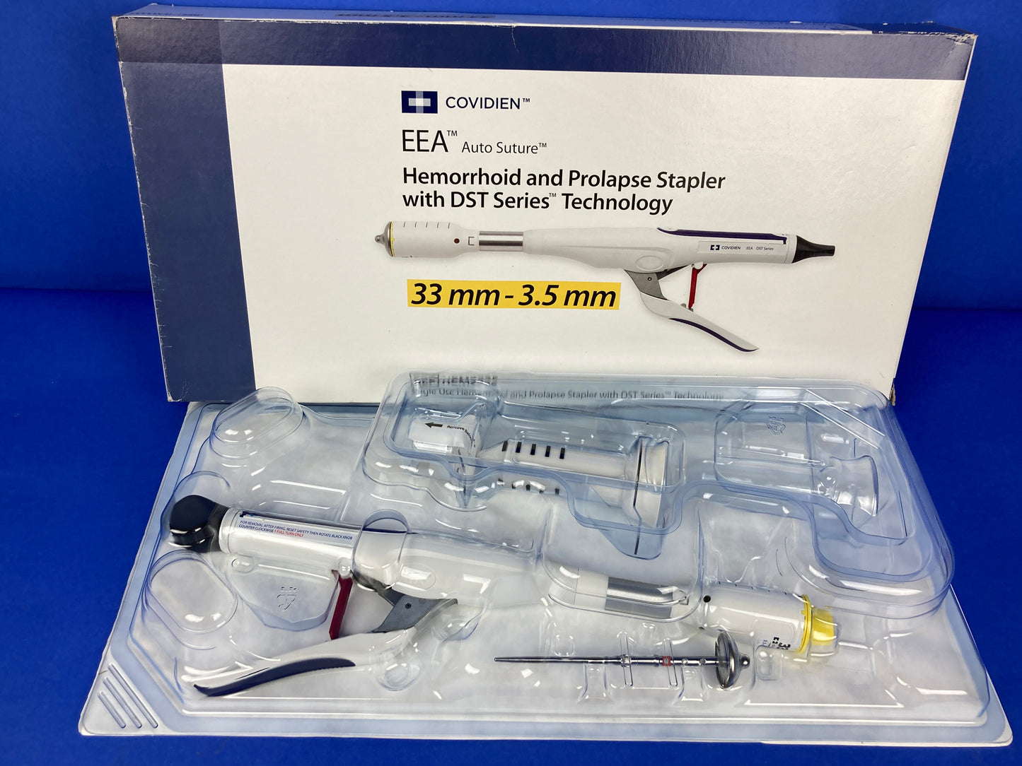 Covidien EEA™ hemorrhoid and prolapse stapler set with DST Series™ technology is designed for use as a stapler instrument for control of rectal prolapse and hemorrhoid disease.