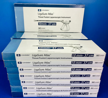 Covidien LigaSure Atlas™ hand switching laparoscopic instrument (LS1037) is a blunt tip vessel sealer and divider, featuring a 37 cm shaft for use in laparoscopic procedures.