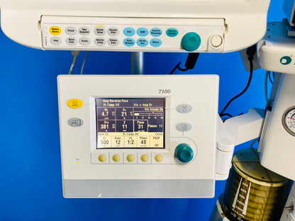 The 7100 ventilator is a microprocessor based, electronically-controlled, pneumatically-driven ventilator with a built-in monitoring system for inspired oxygen, airway pressure and exhaled volume. The ventilator is an integral component of the S/5 Aespire anesthesia machine.