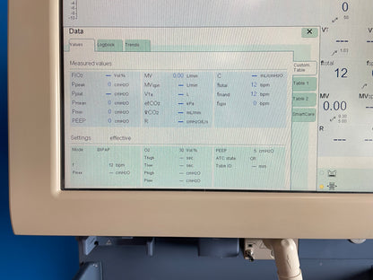 Large screen with all the information and controls needed for ventilation.  SmartCare/PS automated weaning system continuously analyzes functional parameters, challenging the patient to wean when appropriate