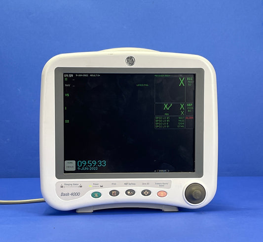 Dash 4000 can provide readings for a variety of parameters, some of these include EKG/ECG, NIBP, and Sp O2. The patient monitor has a 10.4-inch color screen, making it easy to see the patient's information from a distance.