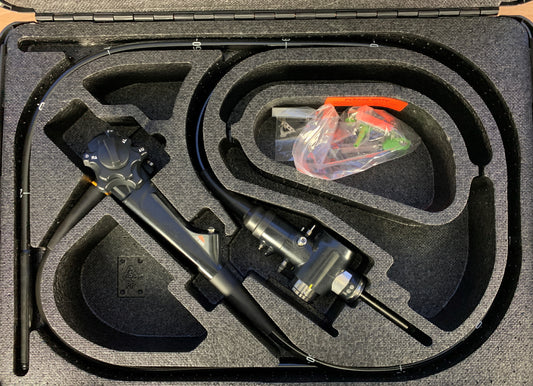Olympus CF-Q160L Colonoscope with its case used for colonoscopy.