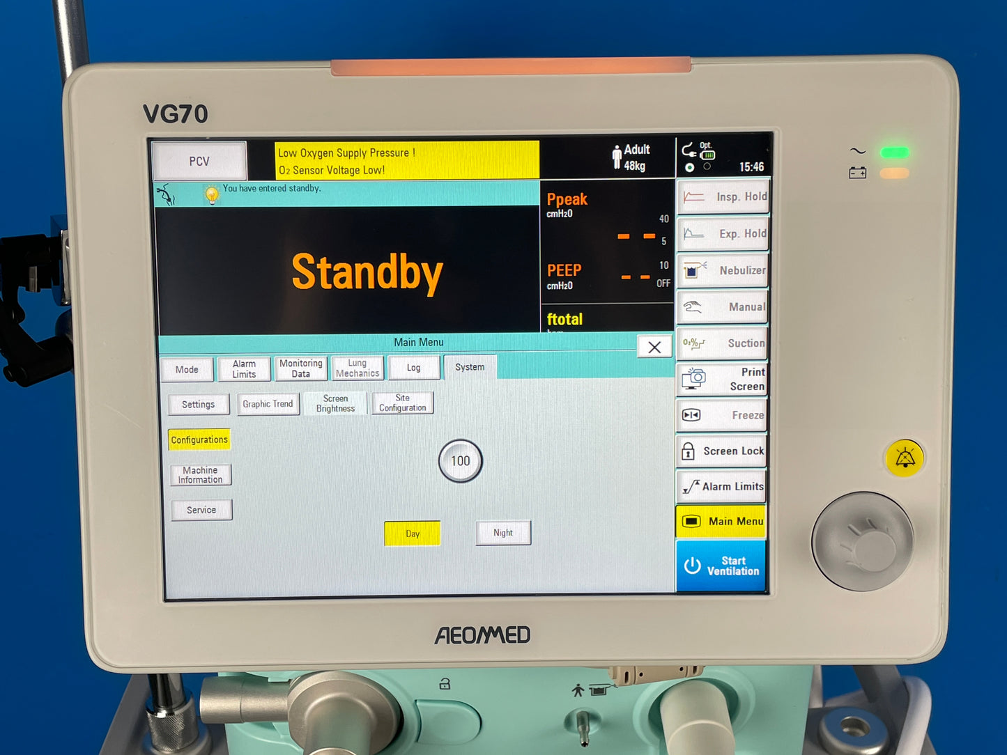 Aeonmed VG70 in standby Ventilation Modes VCV, PCV, SIMV, PRVC