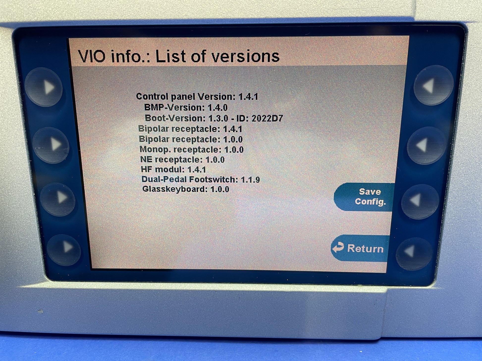 Erbe Vio 300D front panel touch screen shows the details of the system