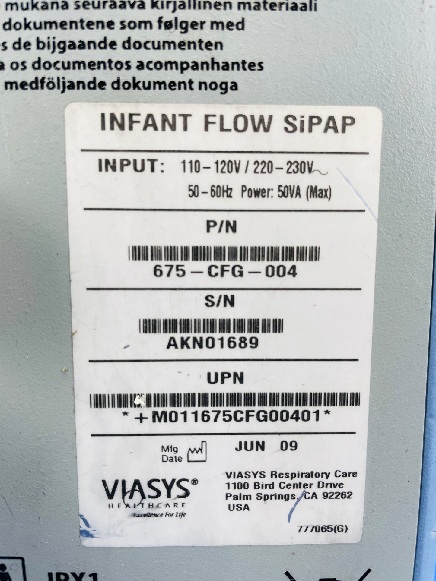 Viasys Sipap Part label and manufactured date