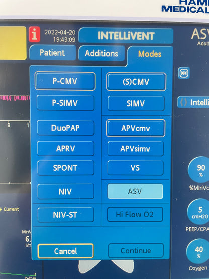 Hamilton Medical G5 Ventilation Modes on screen including ASV, SIMV, NIV, S(CMV)