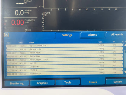 G5 ICU Ventilator Patient History Record  and alarms  