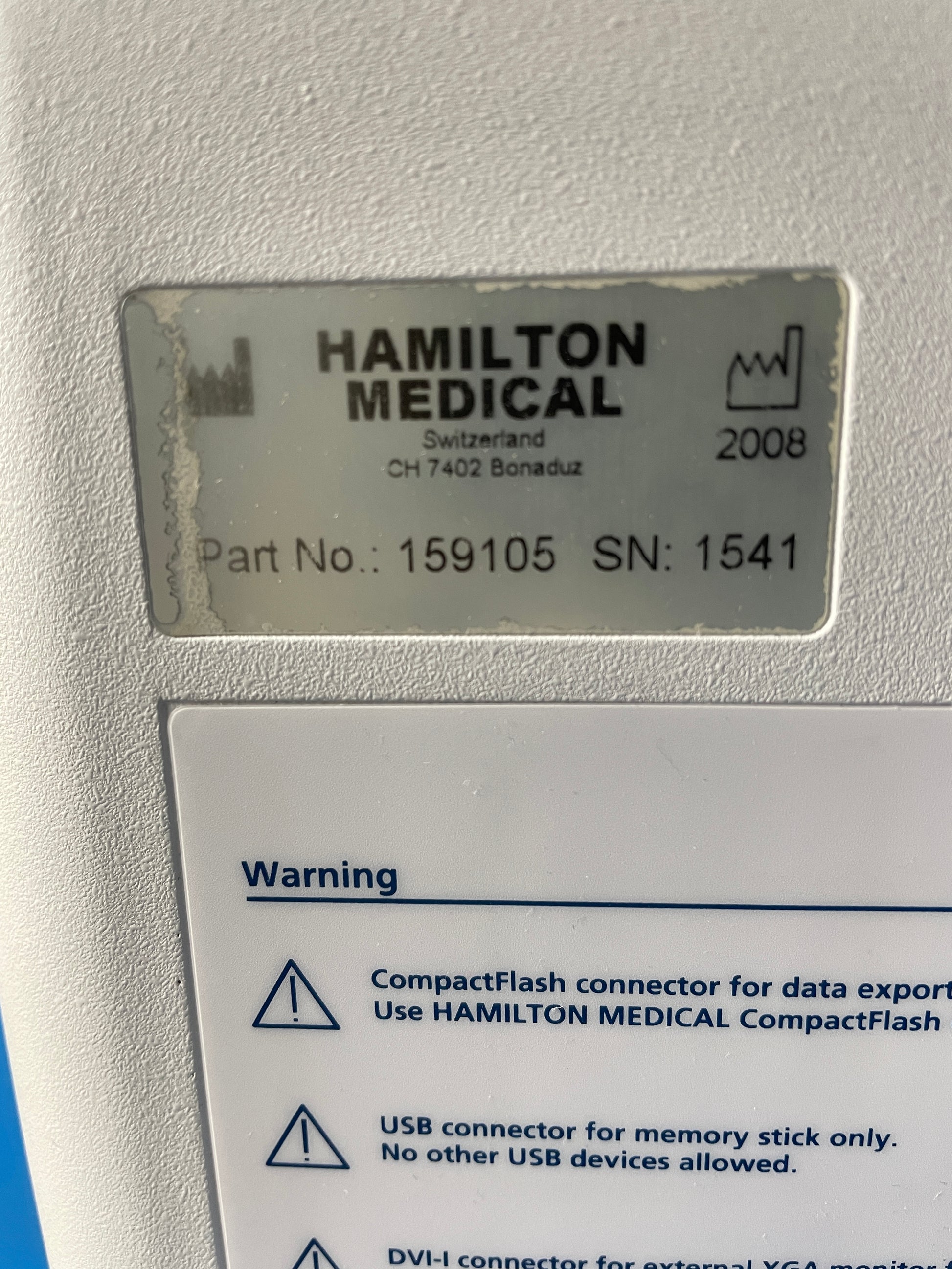 Hamilton Medical G5 warning instruction and serial number, part number and manufactured date 