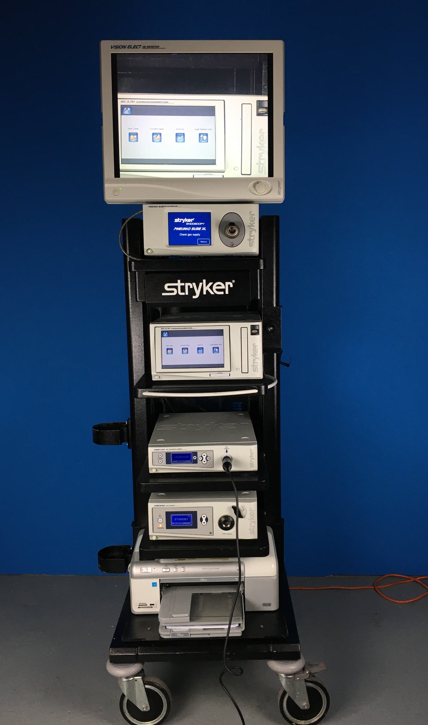 Stryker 1188 Camera Control Unit.  Stryker 1188 Camera Head. Stryker L8000 LED Light Source. Stryker PNEUMO SURE XL High Flow Insufflator. Stryker SDC Ultra HD Information Management System Stryker Viewing Monitor Stryker Trolley Printer
